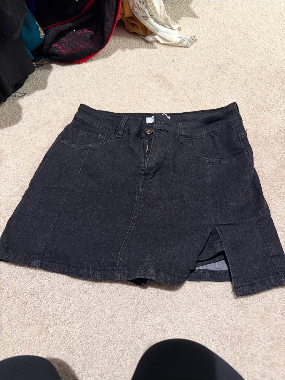 Black Denim Mini Skort with Front Slit